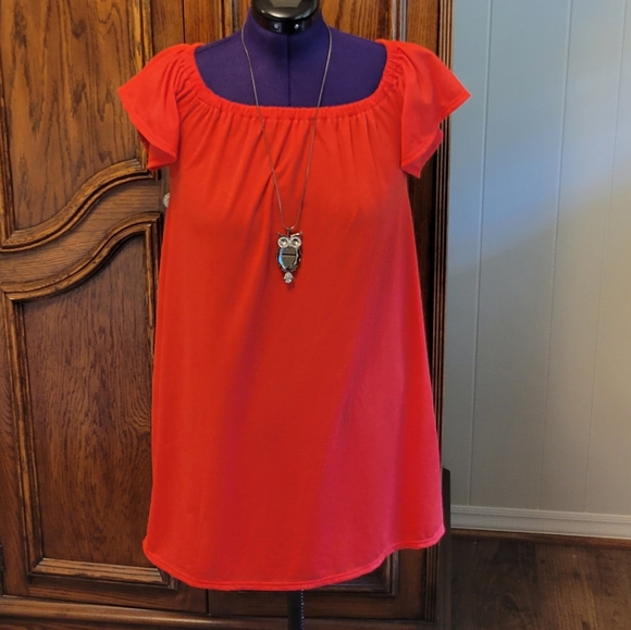 ❣️HP❣️Summer orange on or off elastic shoulder simple midi summer dress Sz: M - Picture 1 of 5